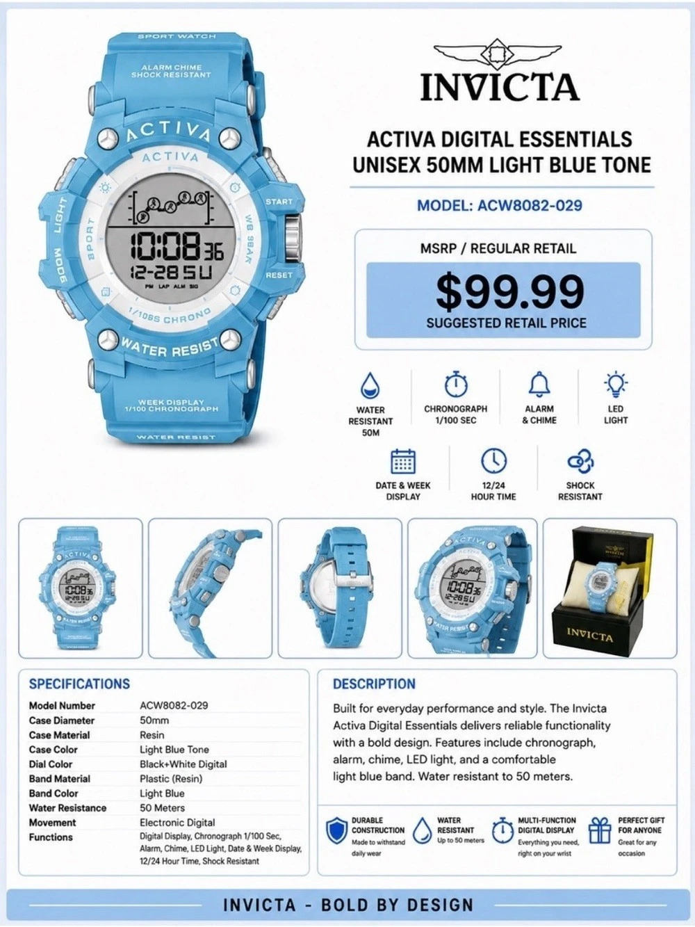 Invicta Activa Digital Essentials 50mm Light Blue Watch ACW8082-029